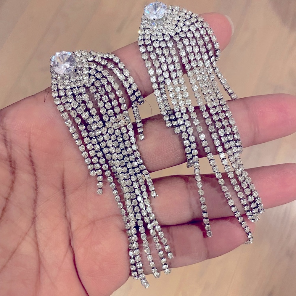 Long Tassel Drop Earrings for Women with Geometric Design and Rhinestons